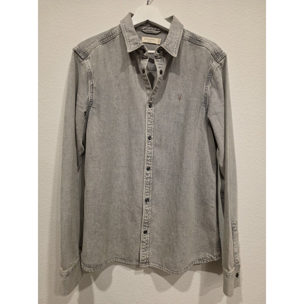 ALL SAINTS Gleason Press Stud Ramskull Denim Shirt Men's Size M Gray
